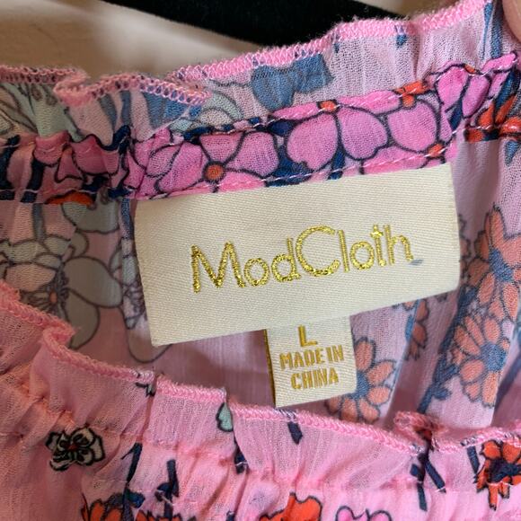 ModCloth Pink Floral Sheer Chiffon Blouse Sz Large Off Shoulder - Picture 6 of 8